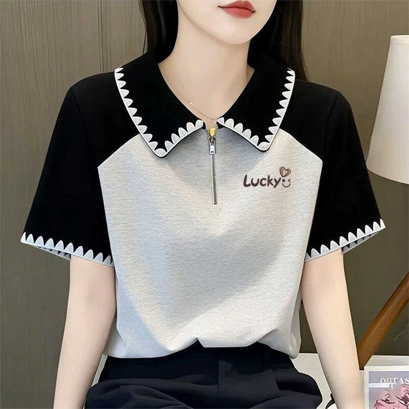 Summer Fashion Color-Blocking Contrast Stitching Lapel Short-Sleeve T-Shirt Plus-Size Women's Stylish New Top 90kg