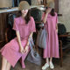 Summer large size short sleeve casual loose dress women 200kg fat mm printed foreign style Joker knee lazy skirt