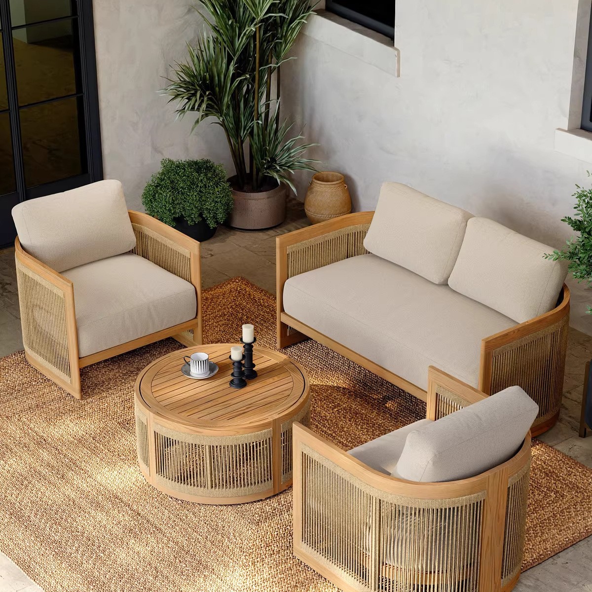 Sofá de teca al aire libre patio villa jardín hotel residencial al aire libre ocio caña combinación de muebles impermeables y protectores solares