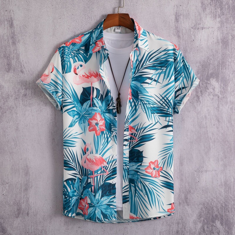 Men's Art Print Short Sleeve Shirt, Hawaiian Beach Retro Street Shirt Harajuku Style One Piece