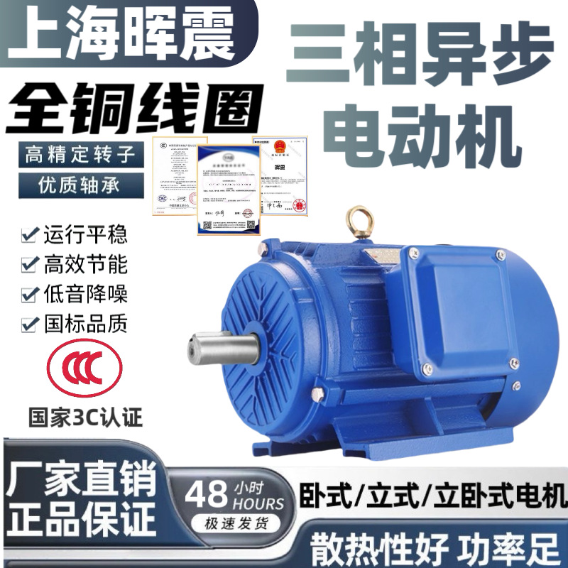 上海晖震国标电机380v三相电动机卧式新料铜线2极4极6极设备配套