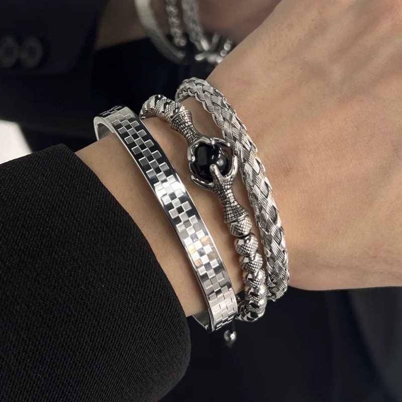 Cross-Border Titanium Steel Jewelry Braided Steel Wire Open Bracelet for Men Simple and Versatile with Stainless Steel Jewelry Factory Price Wholesale