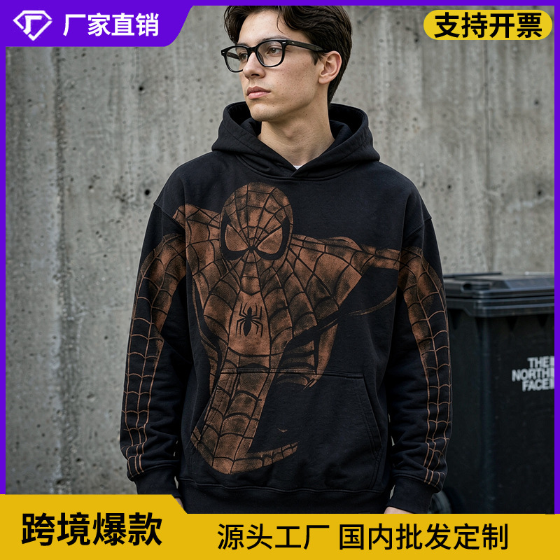 Cross-border high street vintage Spider-Man large print hooded sweatshirt, black loose fit, drop shoulder, long sleeve hoodie Cross-border high street vintage Spider-Man large print hooded sweatshirt, black loose fit, drop shoulder, long sleeve hoodie