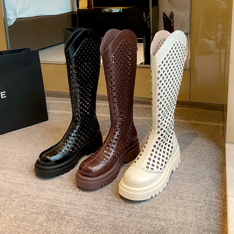 Boot nữ da bò đế dày cổ cao ống lưới — Màu nâu ống lớn, Màu đen cổ ống lớn, Ống nhỏ màu đen, Chu vi ống lớn màu trắng Be
