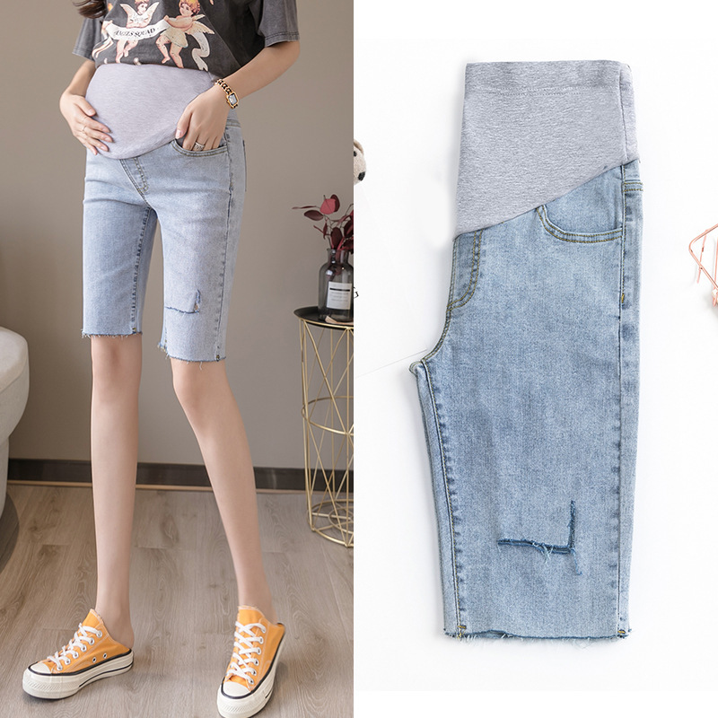 Maternity Denim Shorts for Spring and Autumn, Thin Black Skinny Ripped Knee-Length Cycling Pants, Trendy and Suitable for Outdoor Wear
