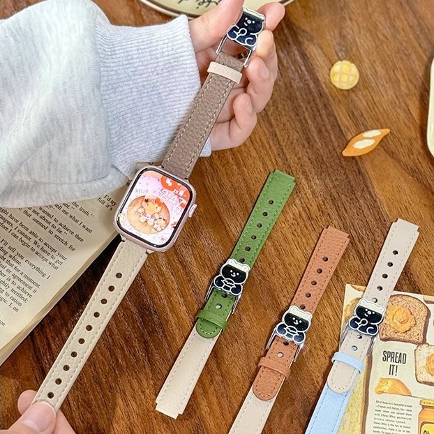 [Little Bear Single Nail] Suitable for Apple Watch Strap Iwatch10 New Litchi Pattern S9 Women's Model S8 Leather Se