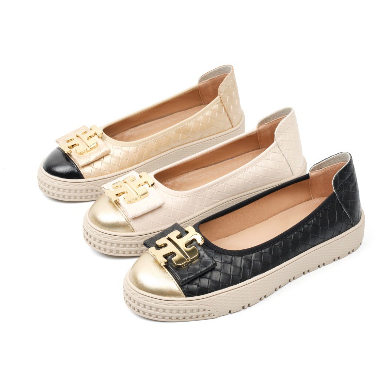 French Metal Buckle Woven Shoes for Women, Flat, Comfortable and Non-Slip Spring New Style