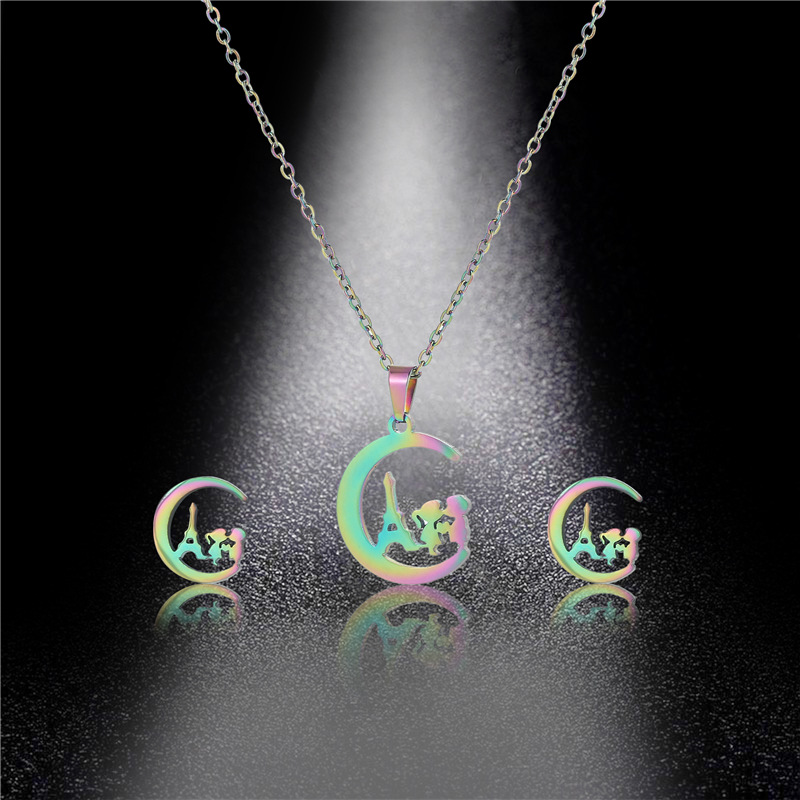 colorful boy and girl pendant clavicle chain earring set stainless steel