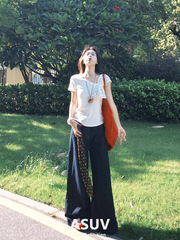 2025韩系一整套ootd穿搭夏日松弛感chic斜肩上衣阔腿裤两件套装女
