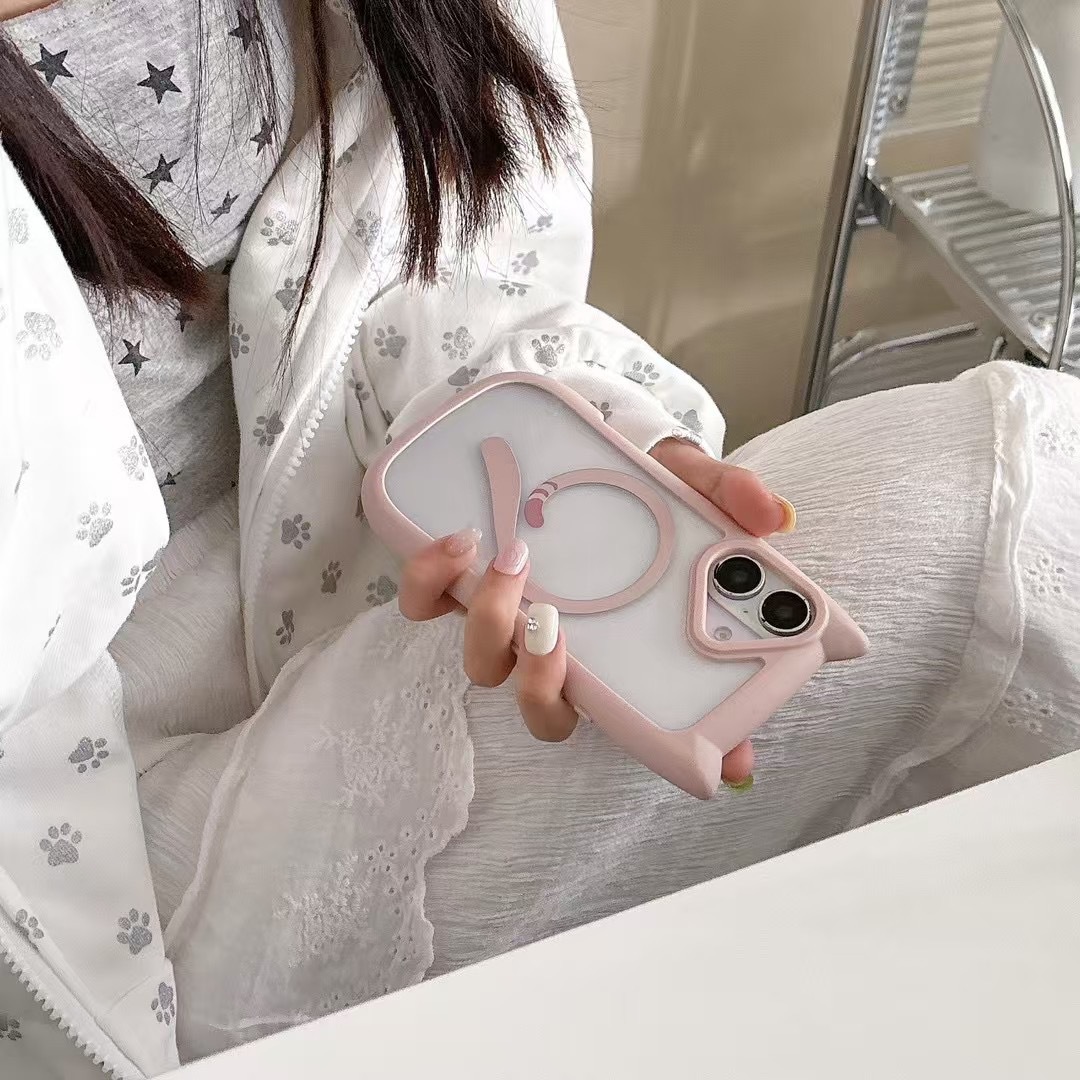 Oreja de gato de dibujos animados atracción magnética transparente para iPhone16ProMax Apple 14/13 funda para teléfono móvil 15P pareja 16 suave