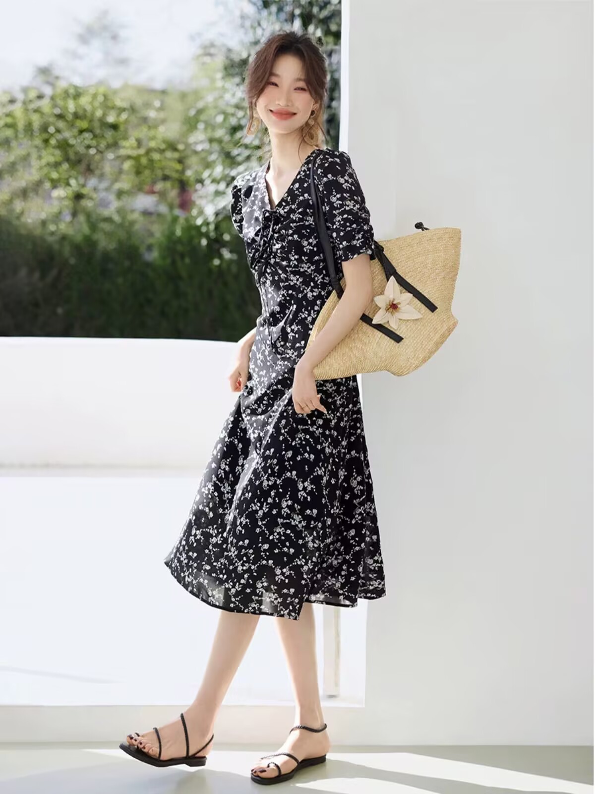 Váy hoa maxi tay bồng kiểu Pháp thắt eo — đen