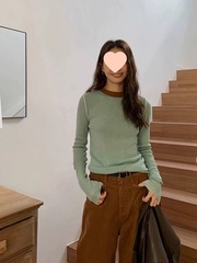 圆领拼接撞色打底针织衫女2025春秋内搭别致绝美修身显瘦长袖上衣