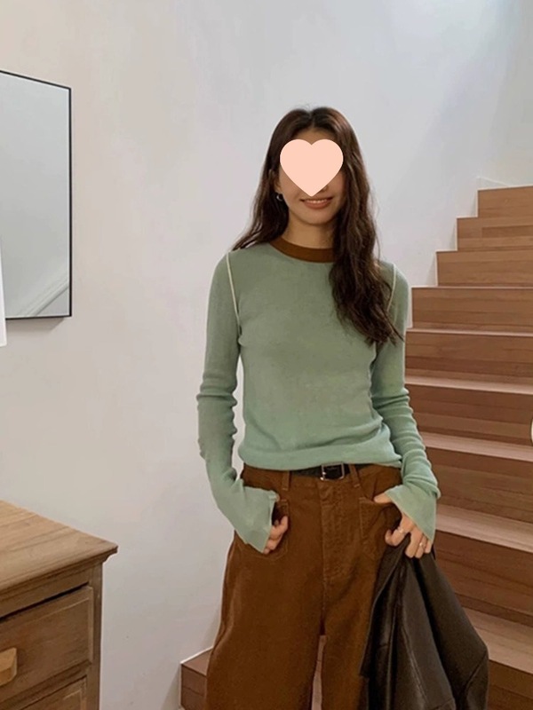 圆领拼接撞色打底针织衫女2025春秋内搭别致绝美修身显瘦长袖上衣|undefined