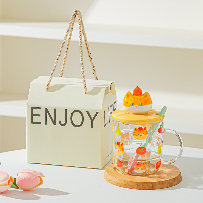 Gato estereoscópico pintado a mano alta resistencia al calor de vidrio de silicio de alta calidad de oficina con cubierta de cuchara de agua taza de dibujos animados taza de marca