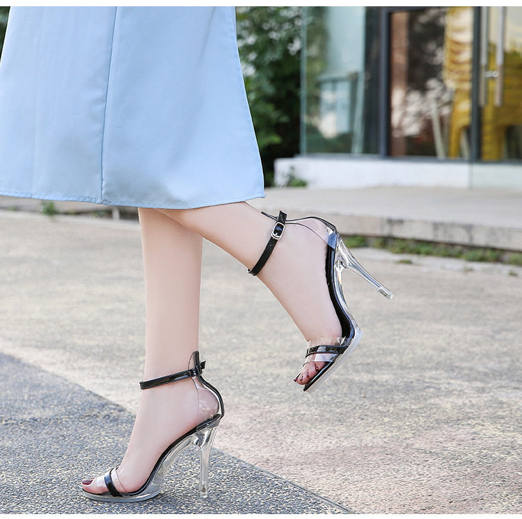 Dép sandal nữ cao gót quai ngang trong suốt đính pha lê, gót nhọn 8–11 cm — Màu bạc, Màu trắng, Màu đen chi tiết 22