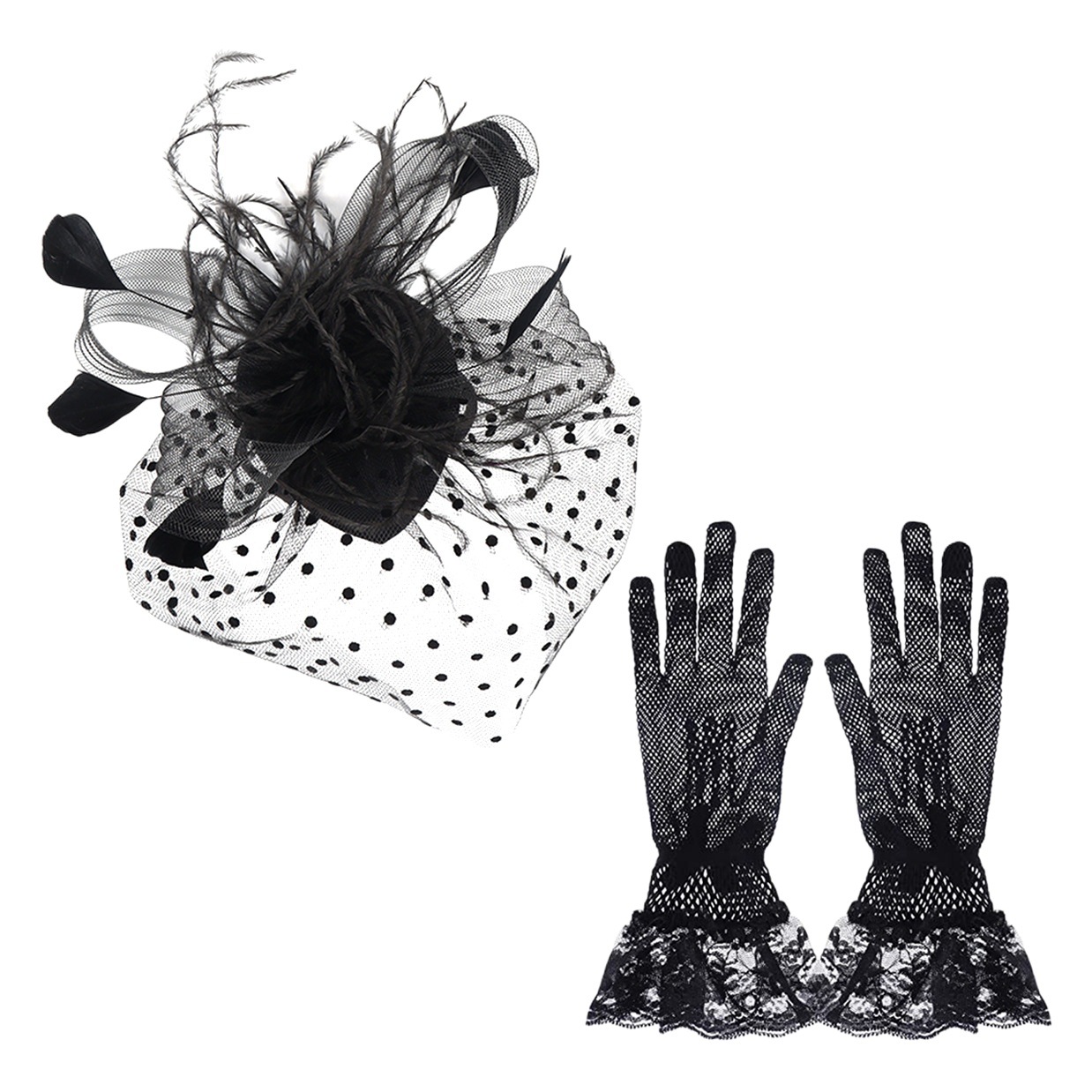 Head Flower Set Black Mesh Feather Headwear Gloves 2-piece Set European and American Vintage Celebrity Party Bride Hair Accessories