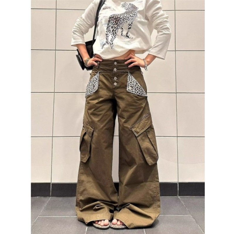 Ingredients 100 Cotton Buttoned Ootd Large Flap Pocket Pants Leopard Print Splicing Jeans for Men and Women Casual Loose Wide-Leg Pants