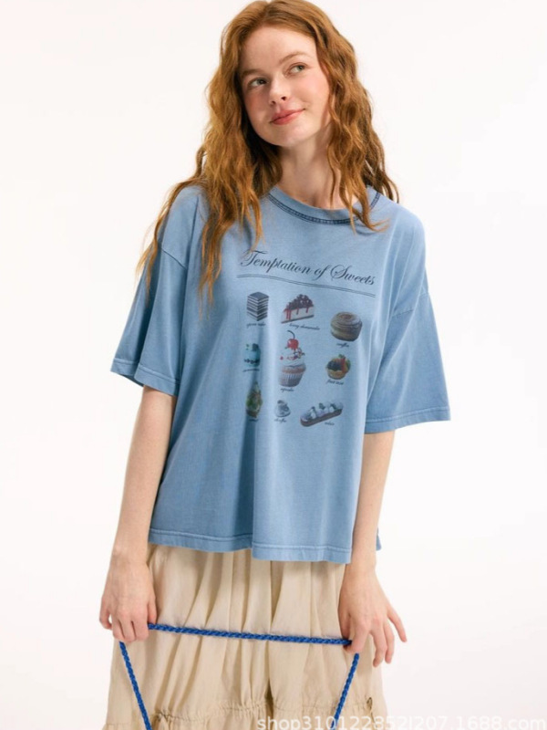 2025 夏の新日本ニココットントップス甘いデザートプリントレタールーズ半袖 Tシャツ女性のための|undefined