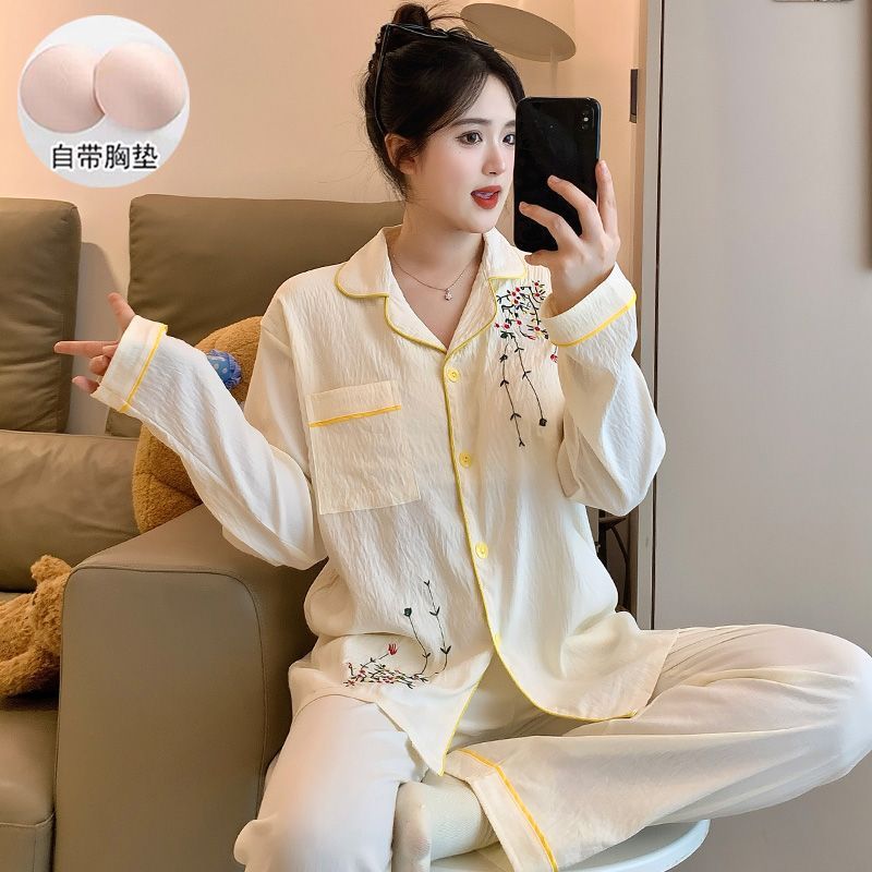 新中式睡衣女春秋季新款带胸垫云朵棉刺绣开衫长袖宽松家居服套装|undefined