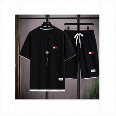 香港風ワッフルTシャツメンズフェイクツーピーススーツカップルルーズトレンド大きいサイズ5点パンツアウトドアレジャー
