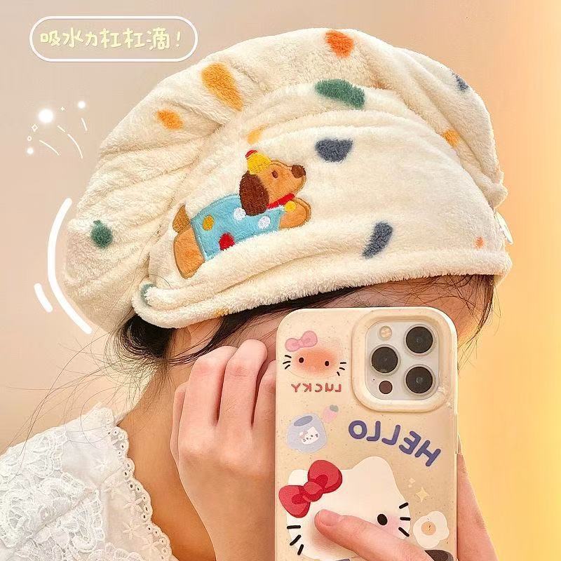 漫画子犬バスタオル女性用タオルドライヘアキャップ水玉犬スリーピースセット家庭用吸水速乾非脱落コーラルベルベット|undefined