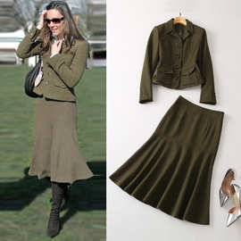 凯特王妃同款22秋季女装 墨绿色毛呢西装小外套+鱼尾中长半裙套装