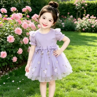 2026女童粉色显瘦纱裙儿童夏季时尚女孩短袖公主裙甜美超萌