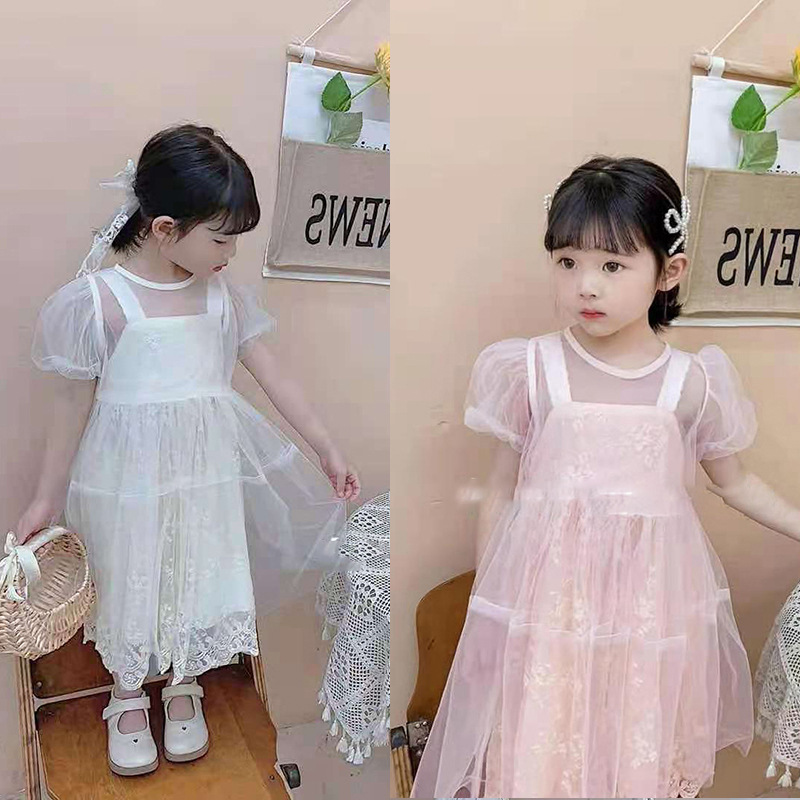 girl Lace Tank Dress Gauze skirt Two piece set Children's clothing 2021 new pattern Princess Dress Summer wear Dress