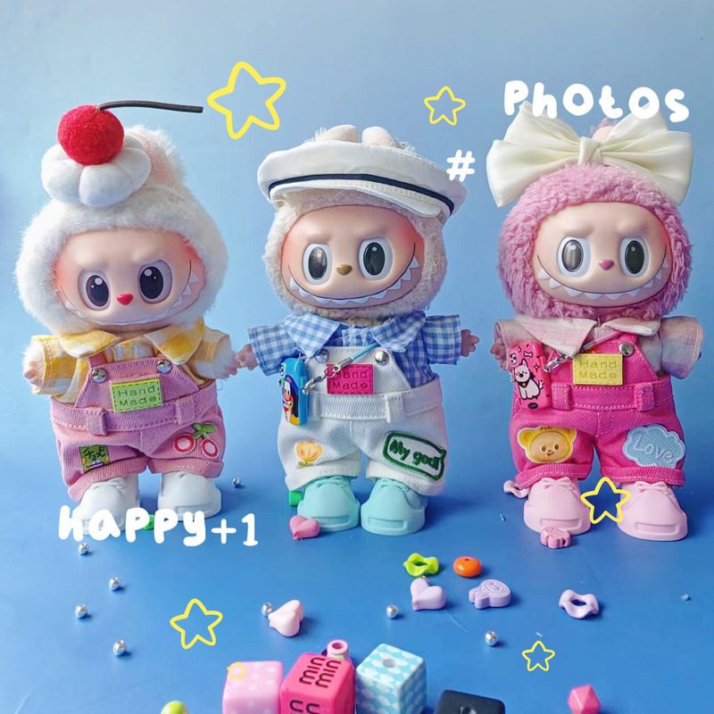 17cm Labubu Overalls Lychee Berry Doll Clothes First and Second Generation Labubu Vinyl Doll Pink Clothes