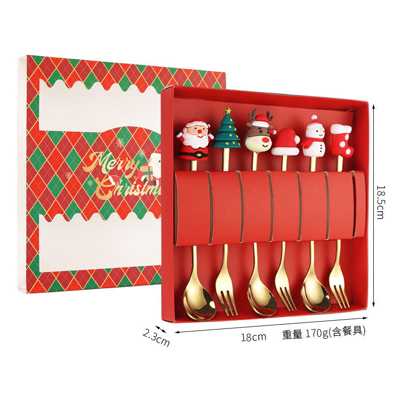 Cuchara de Navidad transfronteriza horquilla cubiertos de acero inoxidable árbol de Santa Claus cuchara de postre dibujos animados creativo conjunto de regalos de Navidad image 6