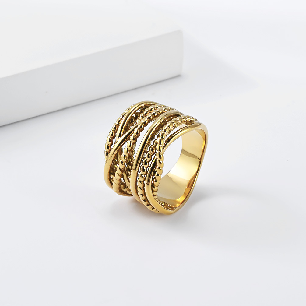 Cross-Border Amazon Bestseller Multi-Strand Twisted Braided Titanium Steel Ring for Women, Gold-Plated, Niche Premium Feel, Elegant Band