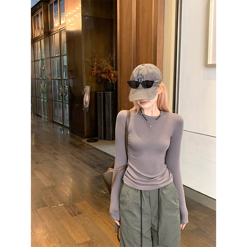MosesQueen Korean Style Round Neck Long Sleeve T-Shirt for Women, Autumn Elastic Slim Fit Base Top MosesQueen Korean Style Round Neck Long Sleeve T-Shirt for Women, Autumn Elastic Slim Fit Base Top