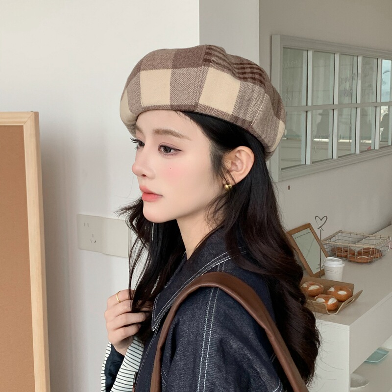 美拉德风贝雷帽女秋冬格子英伦画家帽复古文艺显脸小报童帽蓓蕾帽|undefined
