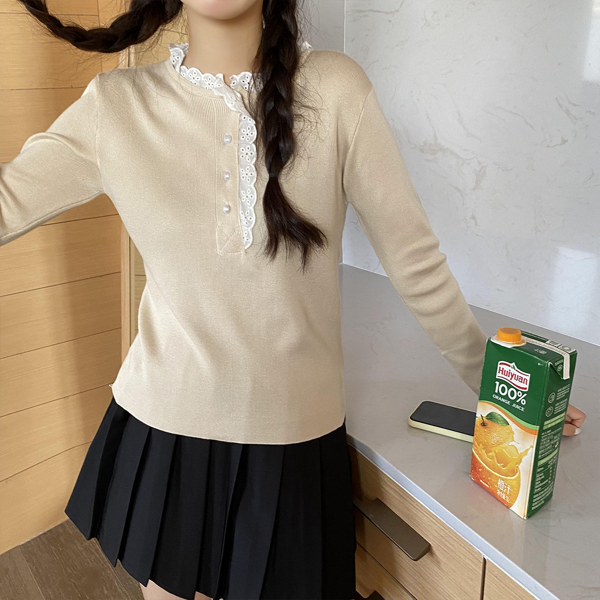 lace stitching button sweater nihaostyles clothing wholesale NSFYF85673