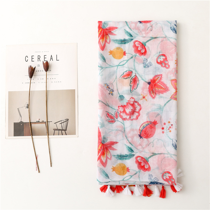 106g Weight Cotton And Linen Scarf Red Petals Dragon Fruit Tassel Scarf Shawl