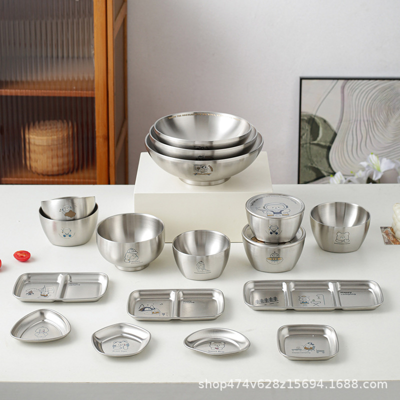 304 Stainless Steel Plate Kindergarten Cartoon Dinner Plate Children's Tableware Set Student Dinner Plate Bowl Cup Saucer Tray
