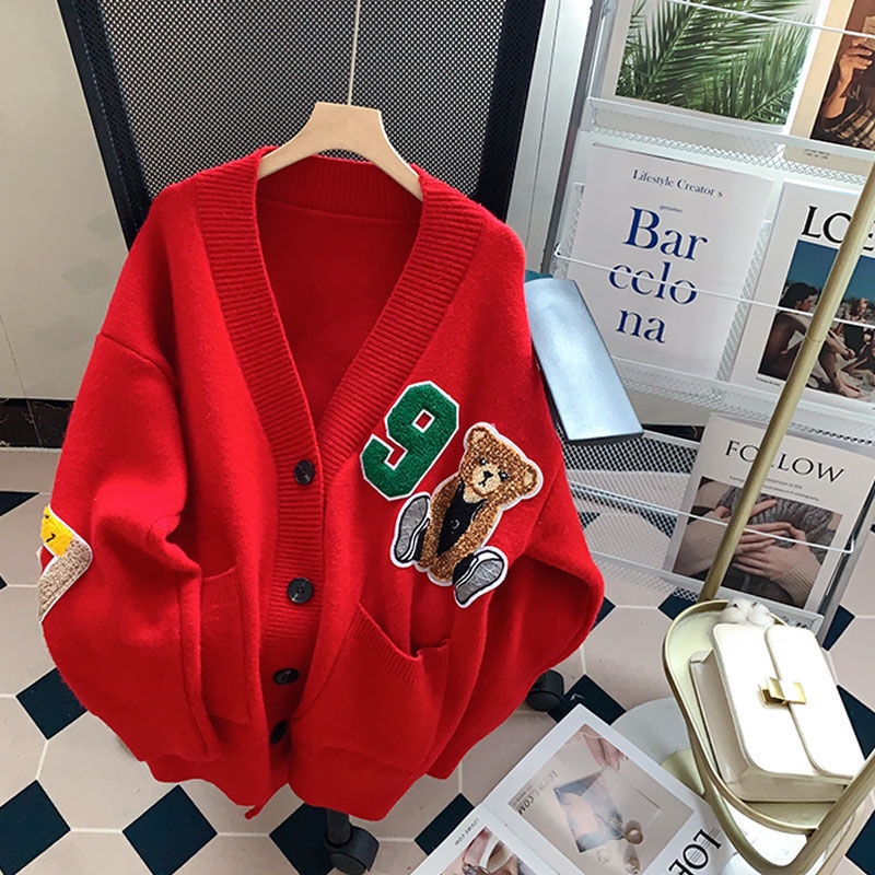 College Style V-neck Bear Sweater Cardigan Women's Autumn Outer Wear 2024 New Loose Lazy Korean Knitted Jacket