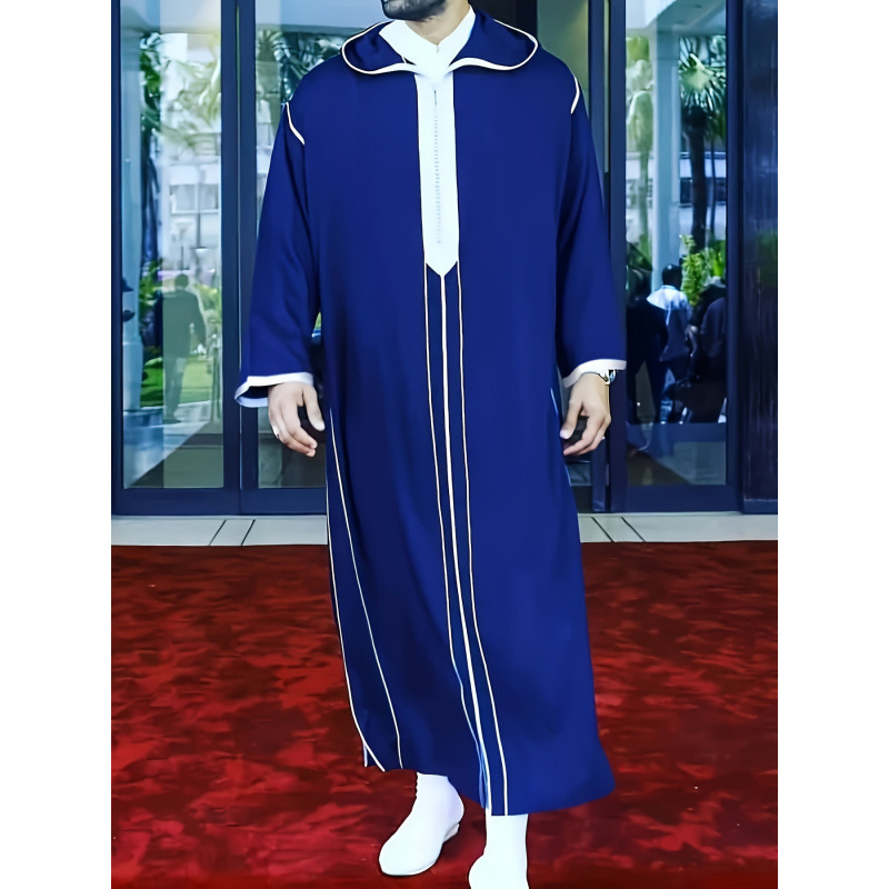 2026男装长袖印花连帽条纹男袍子宽松时尚长袍男装亚马逊速卖通