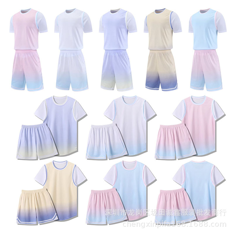 Spot New Short-Sleeved Basketball Uniforms Sports Suits Children's Fake Two-Piece Basketball Uniforms Training Camp Uniforms Breathable Printed Numbers