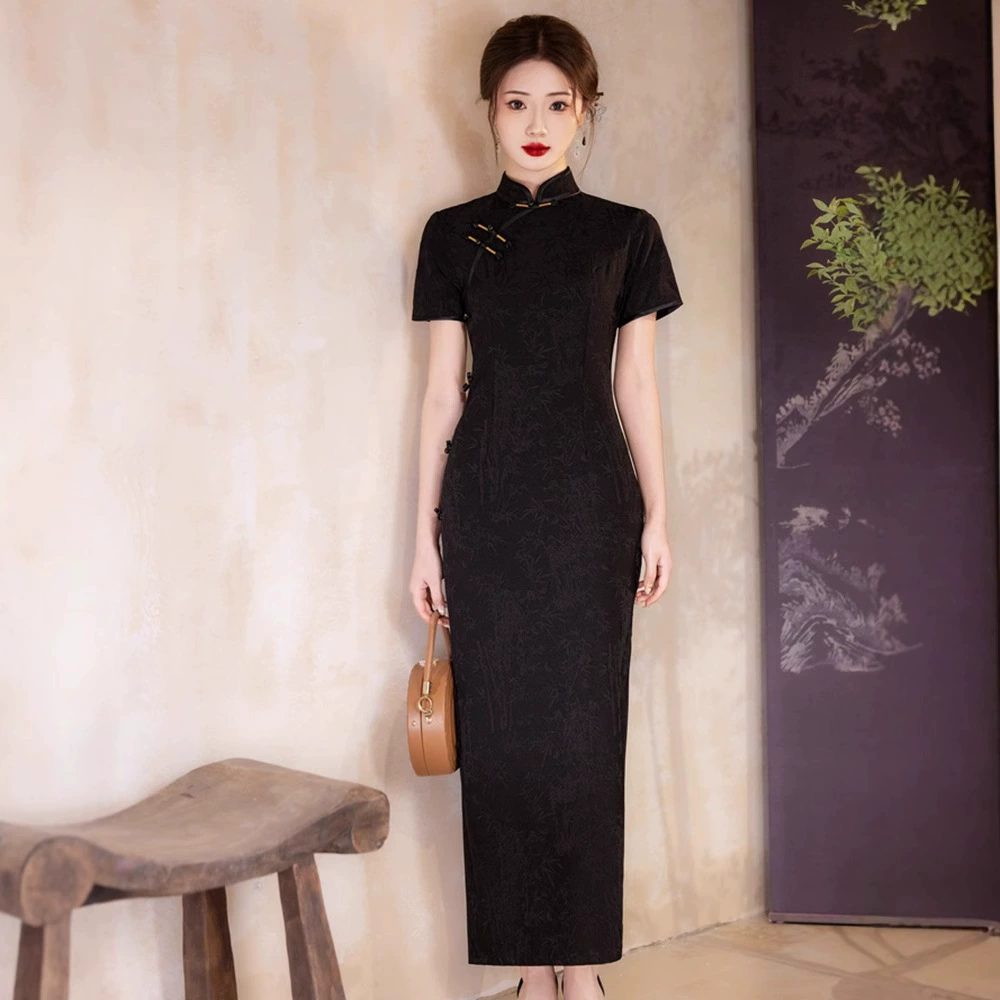 Cheongsam 2025 новый модифицированный ретро-тост костюм невесты с короткими рукавами черный помолвка новый китайский свадебное платье женщина