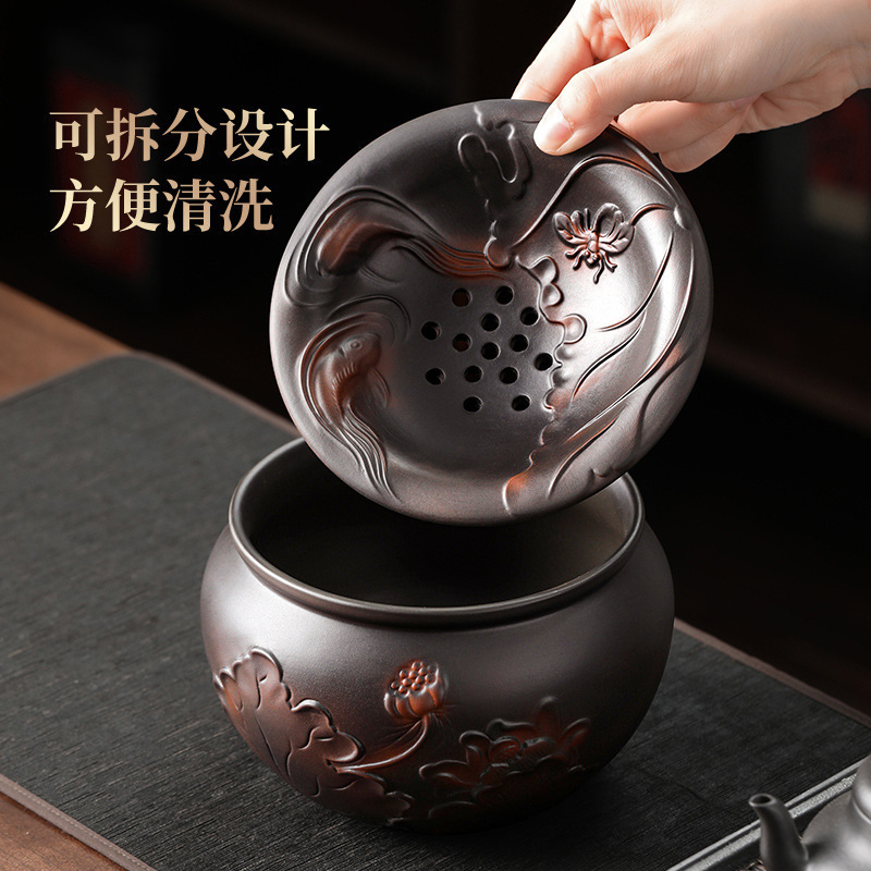 紫陶建水荷韵茶渣缸茶洗大容量废水桶带过滤水缸洗茶具配件用品|undefined
