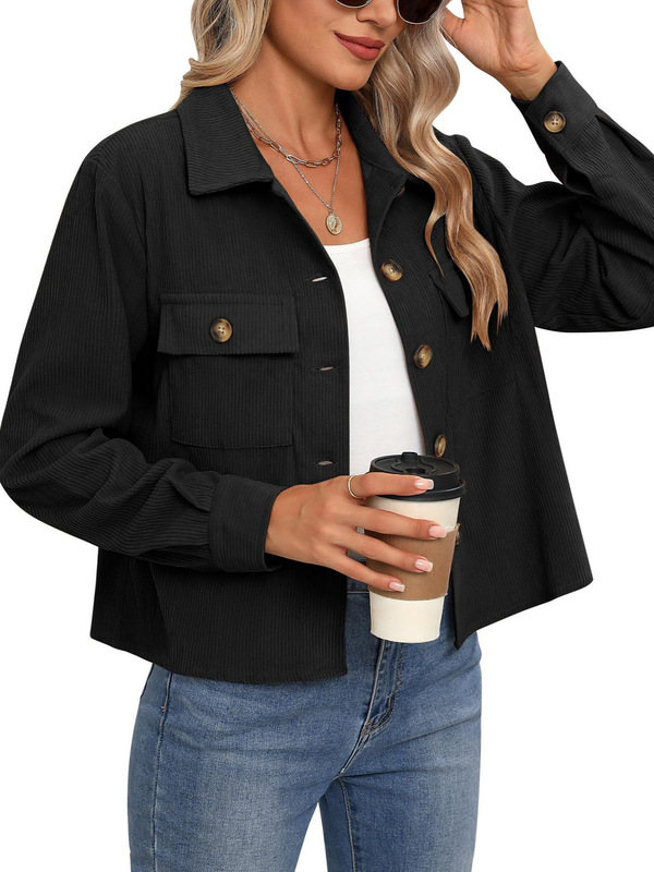 Amazon 2024 ホットスタイルヨーロッパとアメリカの女性のファッションカジュアルショートシャツコーデュロイボタンへそ出しジャケットトップ|undefined
