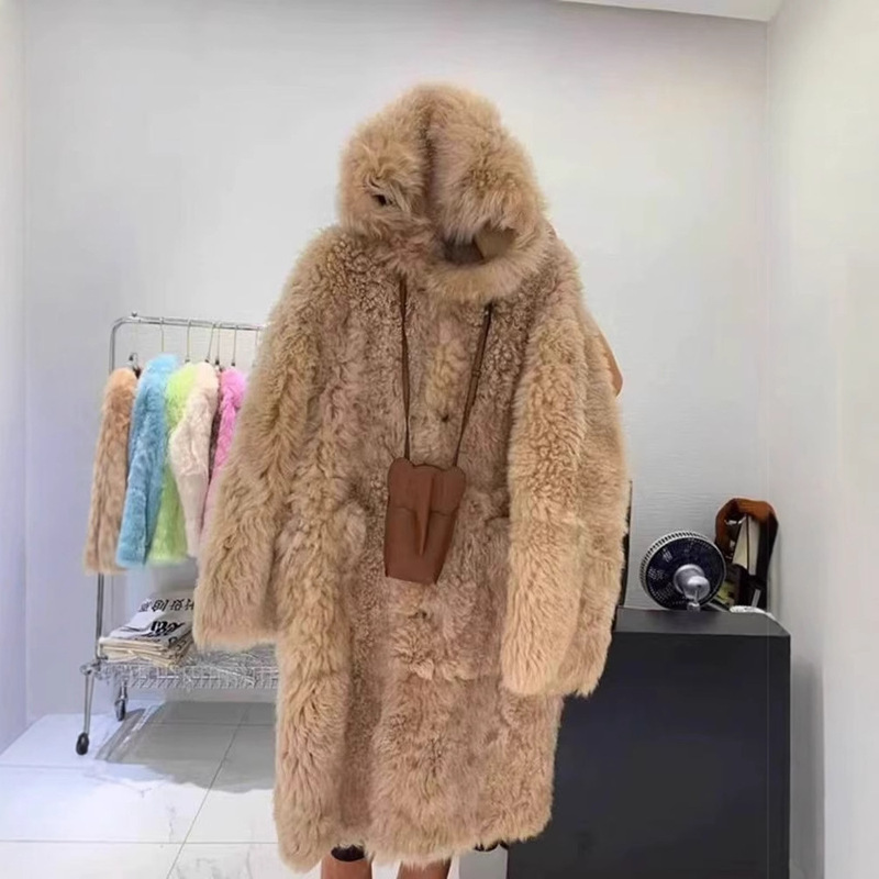 Cut Label Discount Autumn and Winter High-End Loose Thickeneded Warm Lamb Wool Light Brown Mid-Length Outwear Jacket for Women