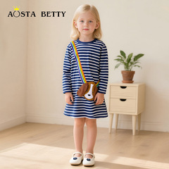 秋の新しい女の子のドレスヨーロッパとアメリカンスタイルのファッショナブルなパッチワークプリンセスドレスラウンドネックストライプ長袖子供ドレス