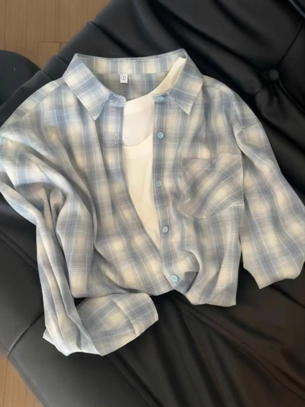 ブルーチェック柄シャツジャケット女性の夏の新しい怠惰なスタイルの日焼け止めシャツ綿とリネンのレイヤードトップクロスボーダー|undefined