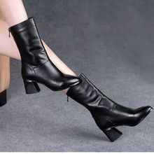 2025冬中筒靴女粗跟高跟尖头靴欧洲站靴子加绒厚时尚保暖女中长靴