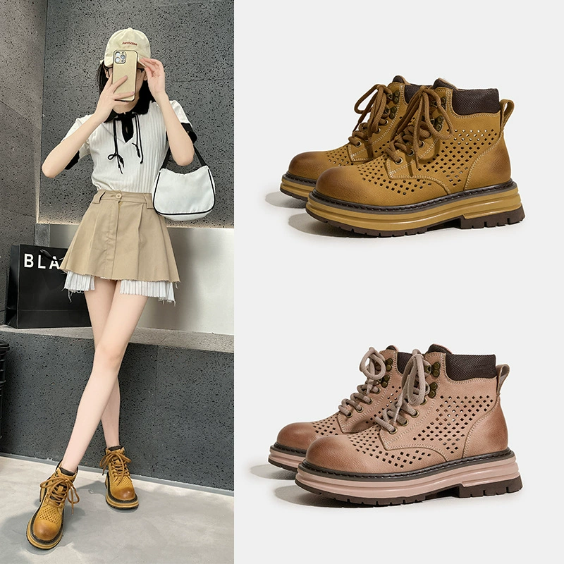 Женские летние повседневные универсальные ботинки Мартин из натуральной кожи с перфорацией, новинка 2025 года, дышащие, на толстой подошве, увеличивающие рост, короткие ботинки для активного отдыха