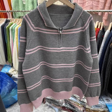 韩系外单新款条纹polo领半拉链设计感宽松插肩长袖套头毛衣女