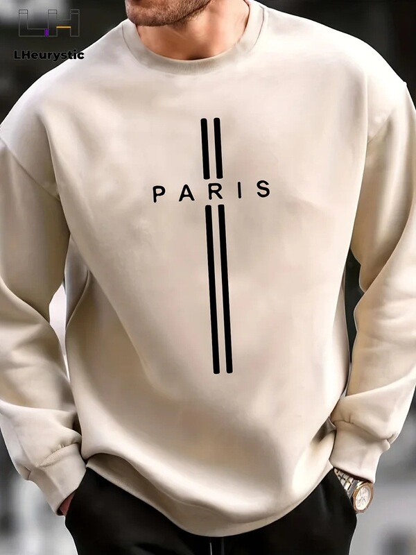 Men's Autumn and Winter Casual Sports Loose Oversized Paris Printed Velvet Warm Pullover Round Neck Long Sleeve Sweatshirts