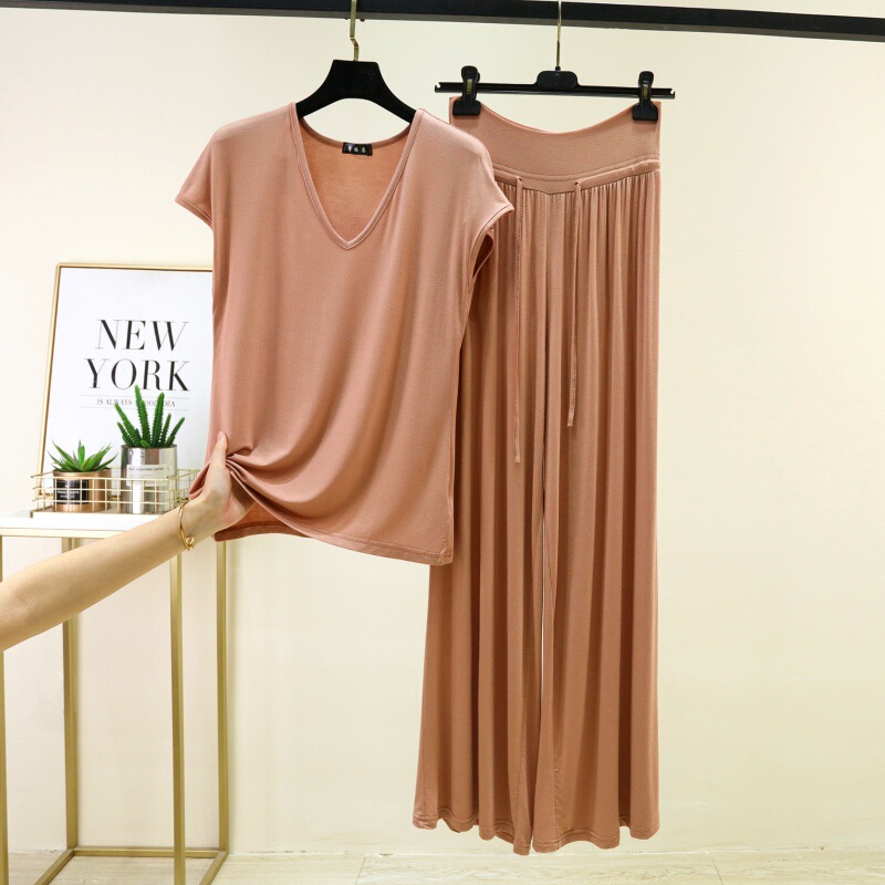 Modal V-Neck T-Shirt and Long Pants Two-Piece Set for Women, New Summer Style, Sleeveless, Plus Size, Loose Fit, Slimming, Suitable for Both Indoor and Outdoor Wear